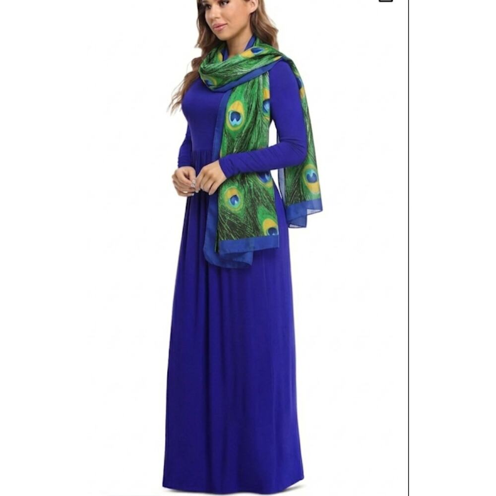 Viishow Womens Knit Blue Maxi Dress Long Sleeve Sz S With Silk Peacock Scarf